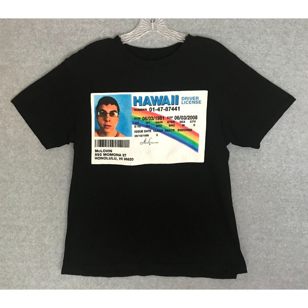 Superbad Movie McLovin Shirt Mens Medium Hawaii Driver License Graphic Black Tee